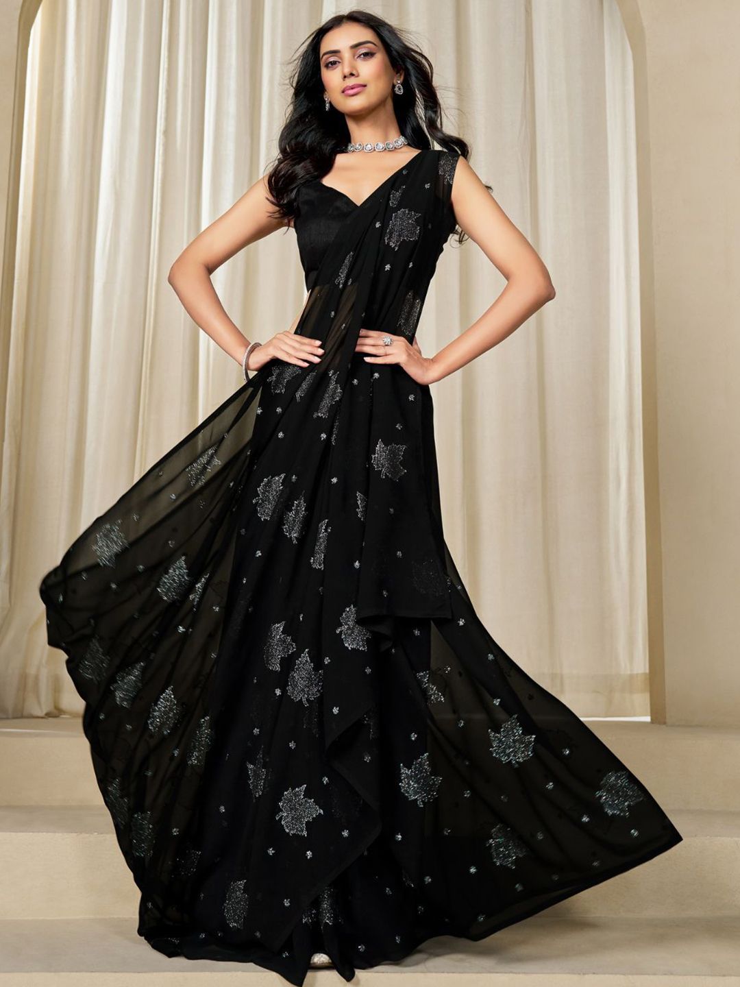 KALINI Georgette Zari Embellished Party Wear Saree With Unstitched Blouse Piece