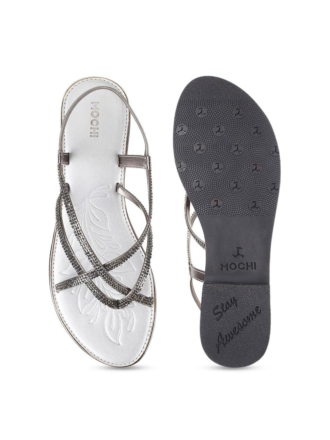 Mochi Embellished Strappy Open Toe Flats With Backstrap