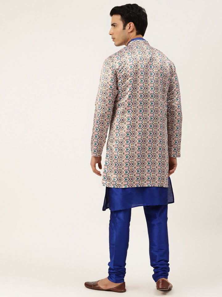 SOJANYA Men Blue Solid Kurta with Churidar & Jacket
