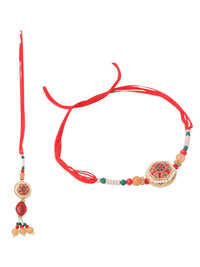 NVR Set of 2 Red Artificial Stones and Beads Bhaiya Bhabhi Rakhi with Roli Chawal
