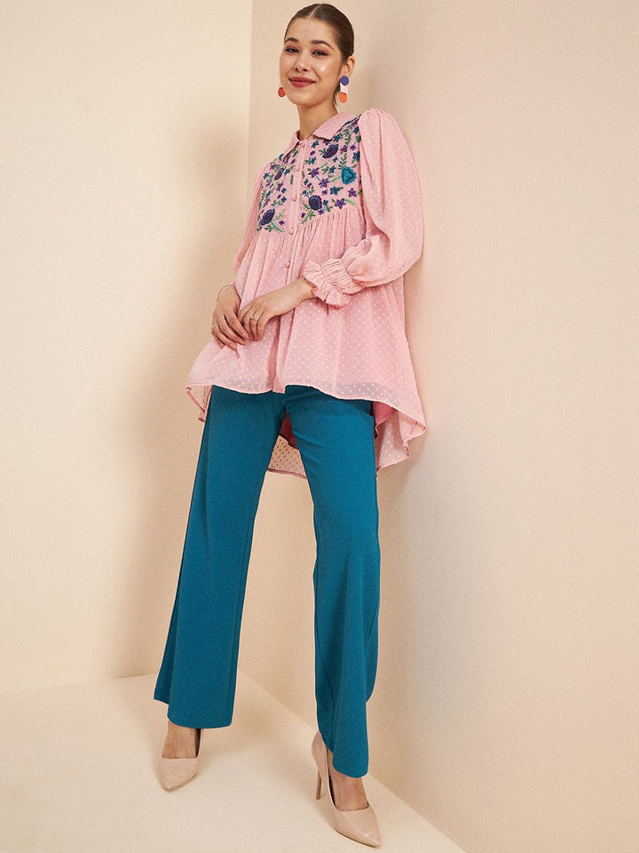 Antheaa Pink Self Design Embroidered Top & Palazzos