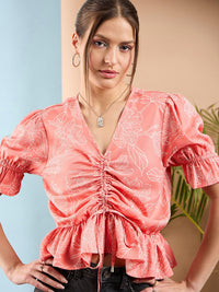 SASSAFRAS Peach Floral Printed Puff Sleeve Crop Waist Top