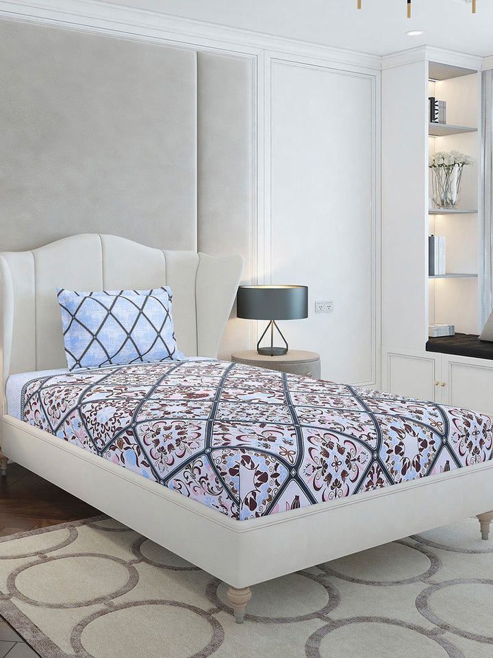 Monte Carlo Blue & Pink Floral Printed Cotton 144 TC Single Bedsheet Set 2.29 m x 1.52 m