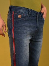Campus Sutra Men Blue Washed Denim Outdoor Side Striped Denim Shorts