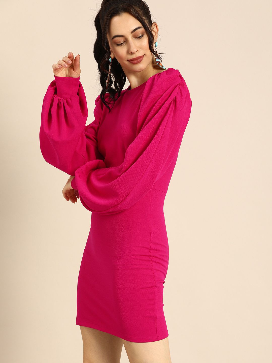 Athena Elegant Fuchsia Pink Balloon Puff Sleeves Bodycon Dress