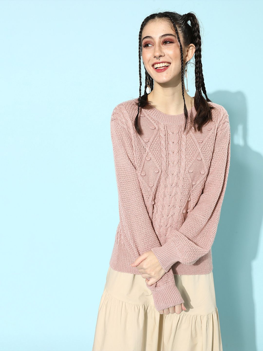 STREET 9 Women Nude-Coloured Cable Knit Pullover Sweater