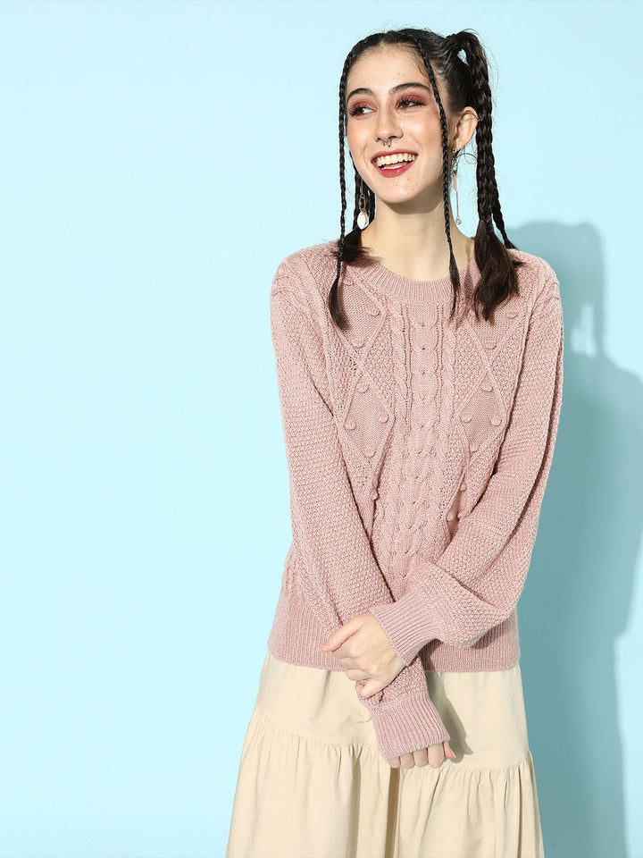 STREET 9 Women Nude-Coloured Cable Knit Pullover Sweater