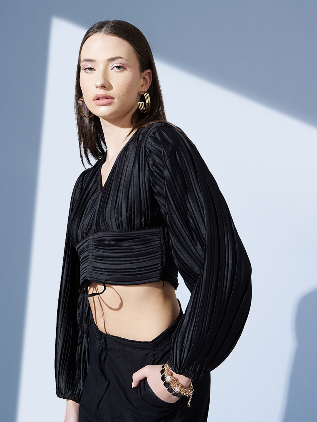 STREET 9 Black Bishop Sleeves Accordion Pleats Crop Top