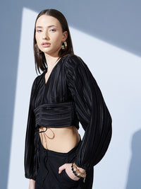 STREET 9 Black Bishop Sleeves Accordion Pleats Crop Top