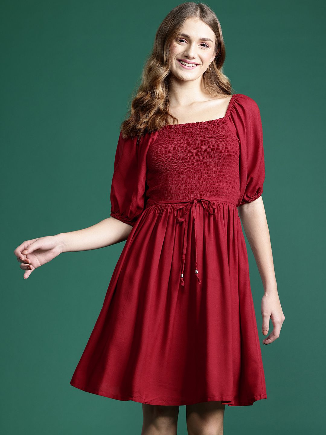 DressBerry Puff Sleeve A-Line Mini Dress with Belt