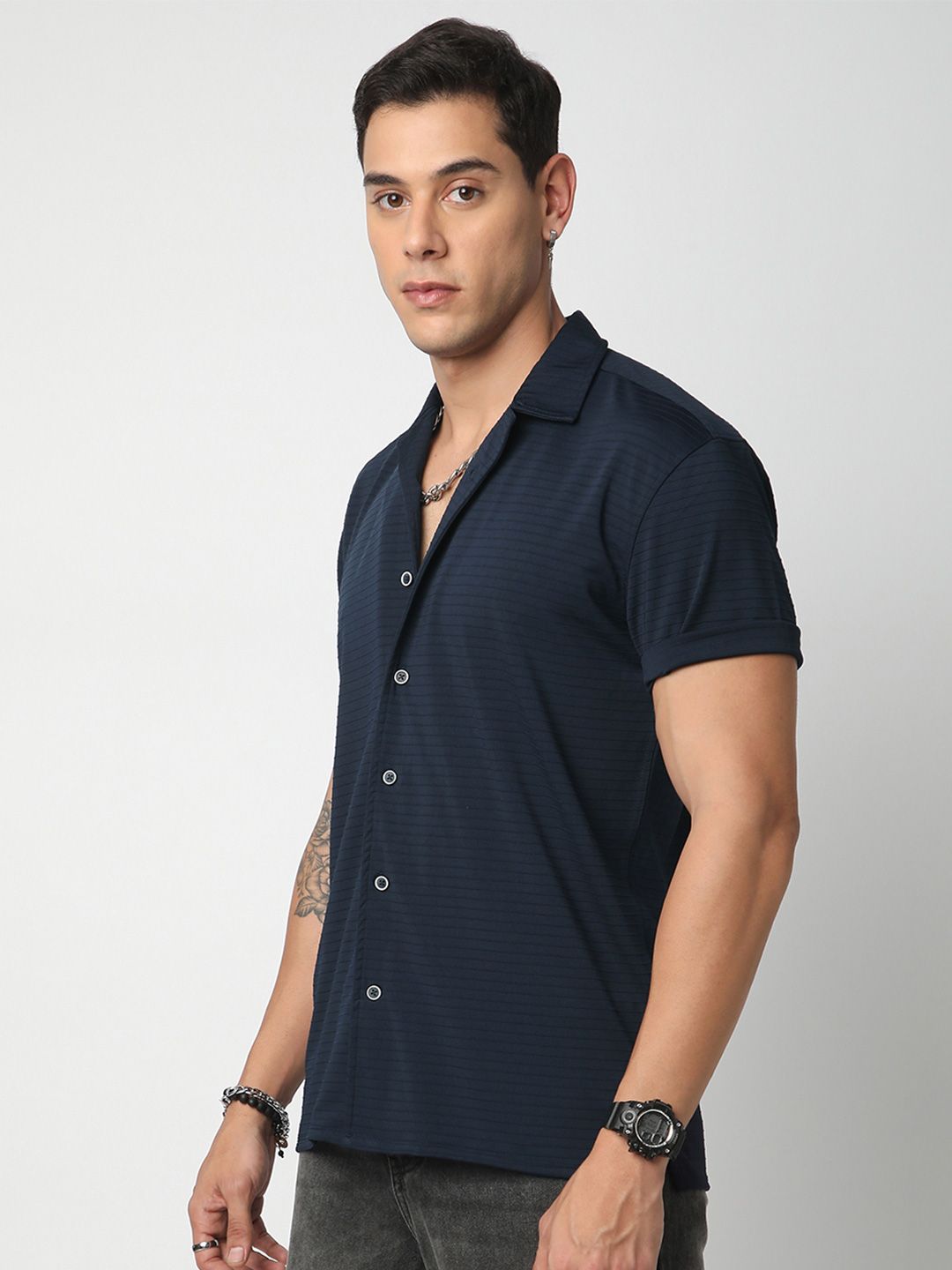 VASTRADO Men Classic Cuban Collar Textured Casual Shirt