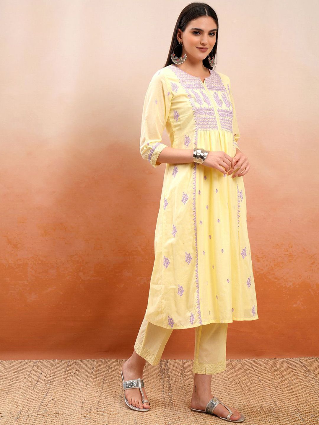 Vishudh Yellow Embroidered Thread Work Pure Cotton A-Line Kurta With Trousers & Dupatta