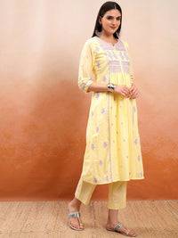 Vishudh Yellow Embroidered Thread Work Pure Cotton A-Line Kurta With Trousers & Dupatta