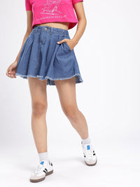 DressBerry Women Street Chic Pleated Flared Denim Mini Skirt