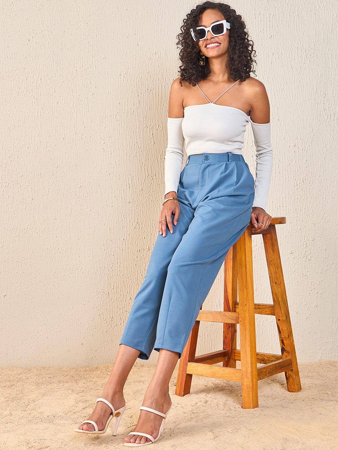 SASSAFRAS Women Blue Tapered Fit High-Rise Peg Trousers