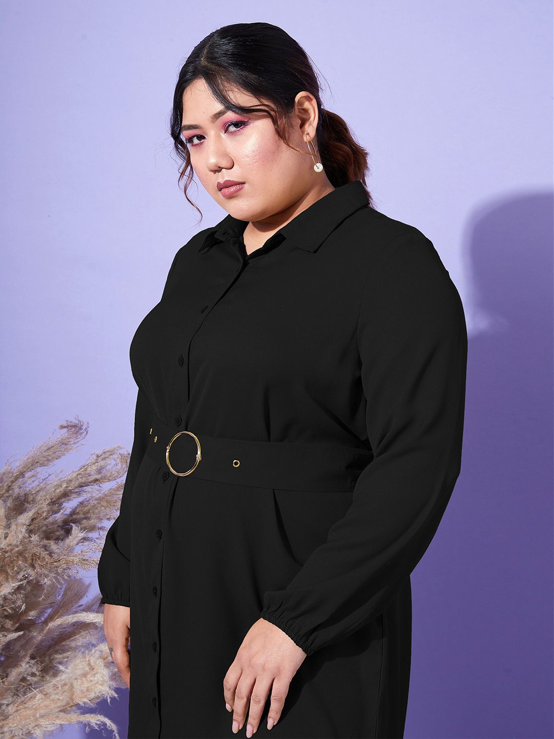 SASSAFRAS Curve Women Plus Size Black Belted Shirt Dress