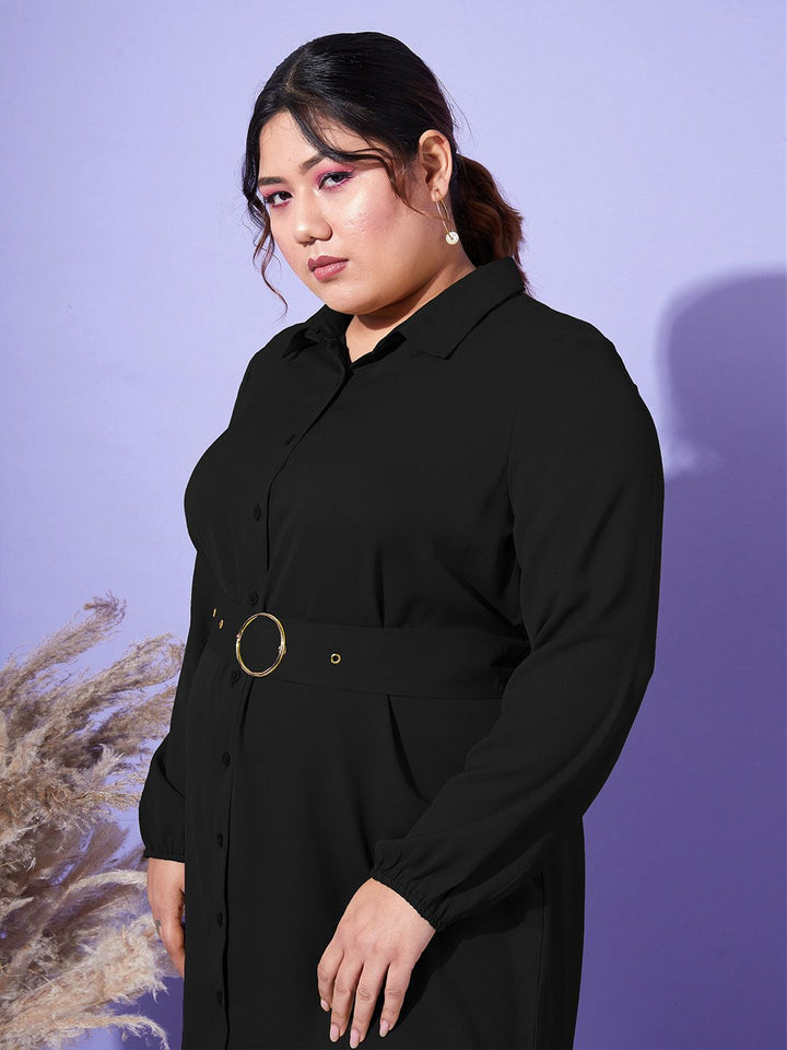 SASSAFRAS Curve Women Plus Size Black Belted Shirt Dress