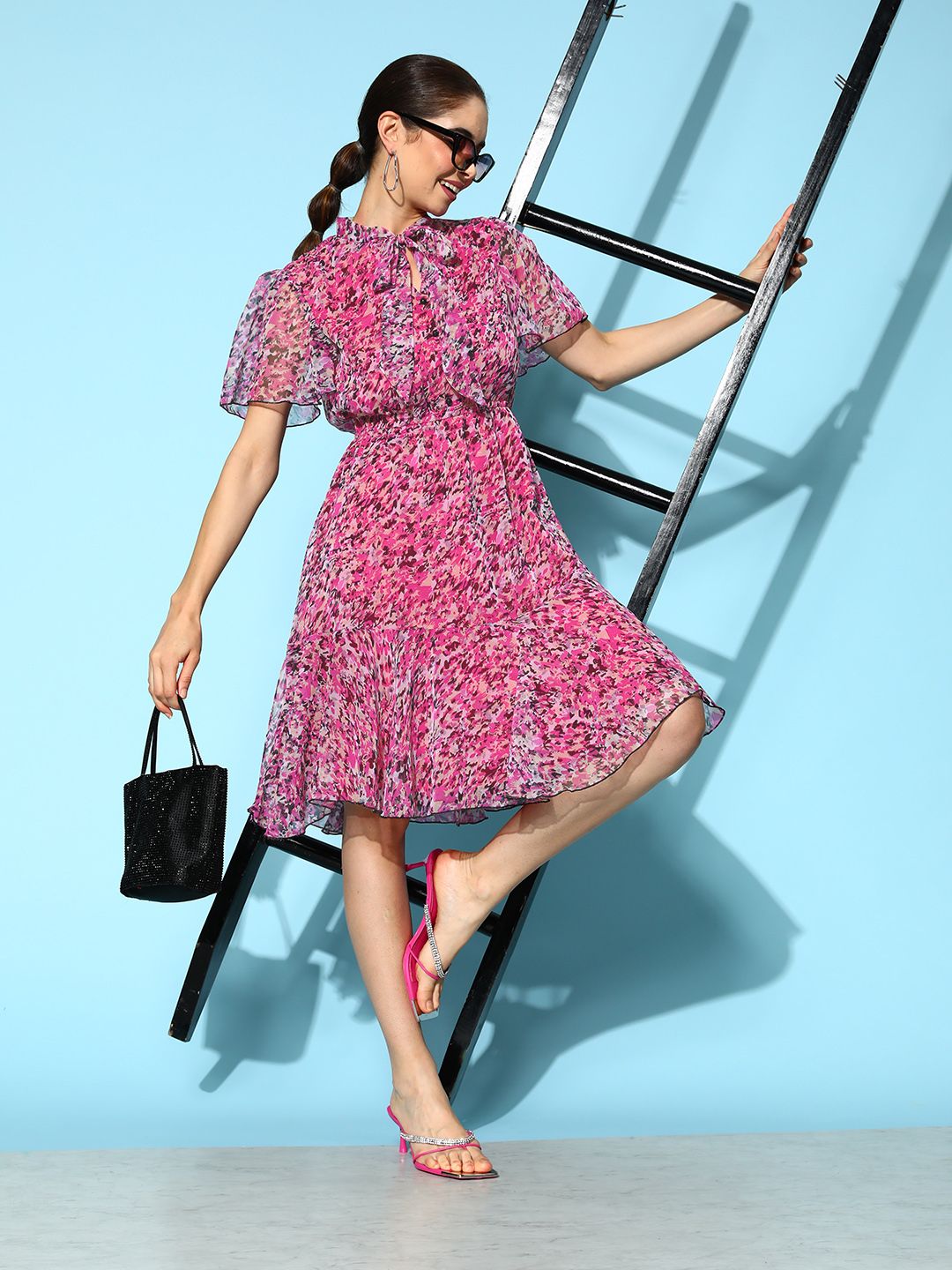 Antheaa Pink & Multicoloured Tie-Up Neck Flared Sleeves Chiffon A-Line Dress