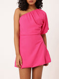 DressBerry Cute Chic One Shoulder Gathers Puff Sleeve Mini A-Line Dress