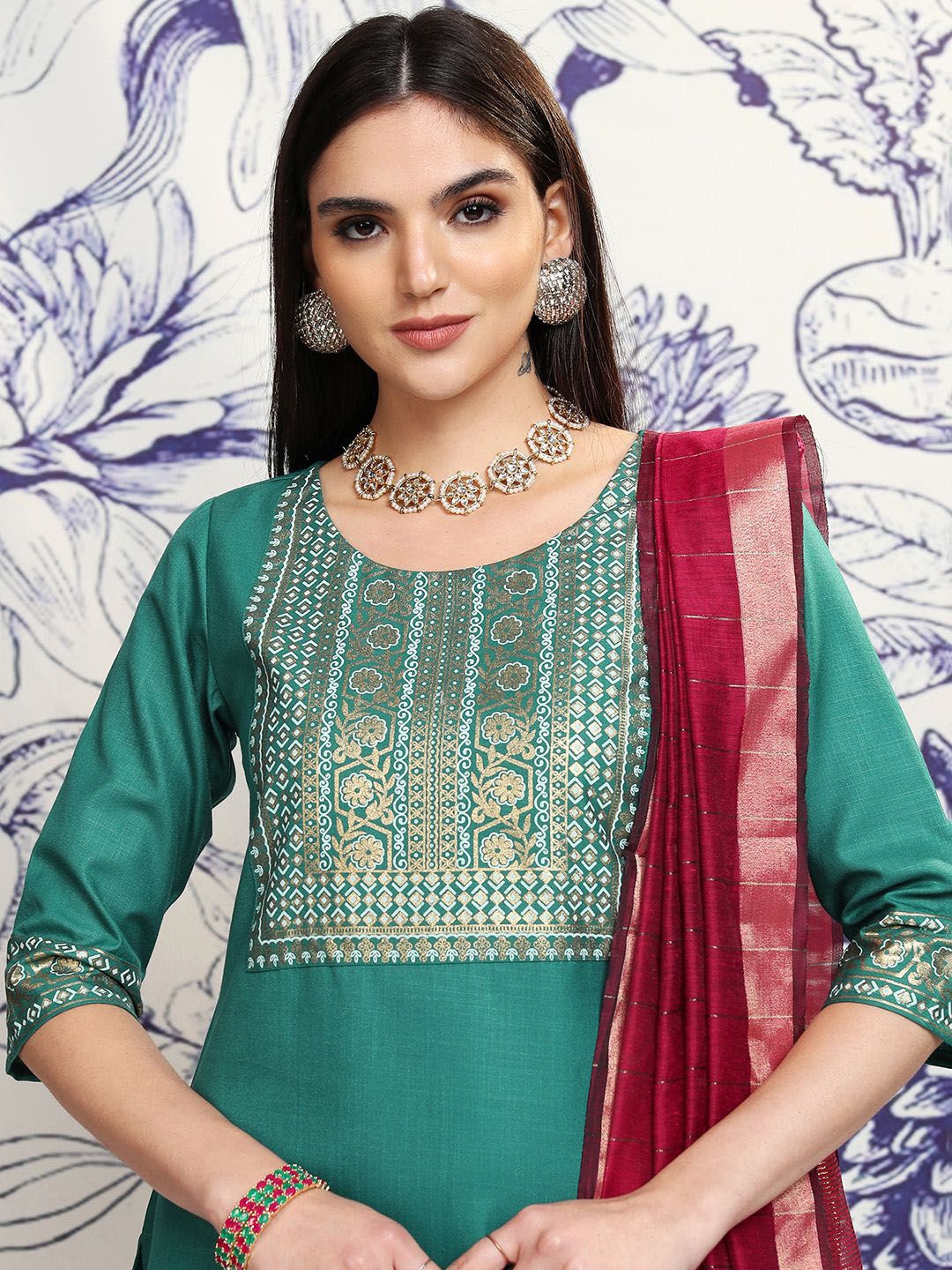 Vishudh Green Ethnic Motifs Yoke Design Regular Straight Kurta With Palazzos & Dupatta