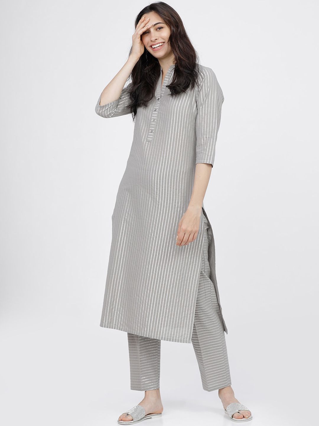 Vishudh Women Grey Striped Regular Pure Cotton Kurta with Trousers