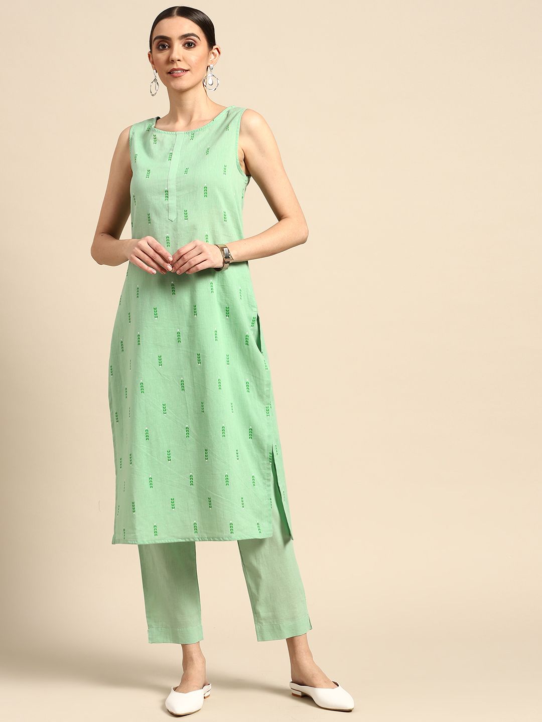 Anouk Women Sea Green Ethnic Motifs Printed Pure Cotton Kurta with Trousers