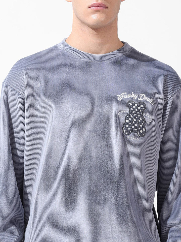 The Indian Garage Co Men Oversized Self Design Corduroy Crew Neck Sweatshirt