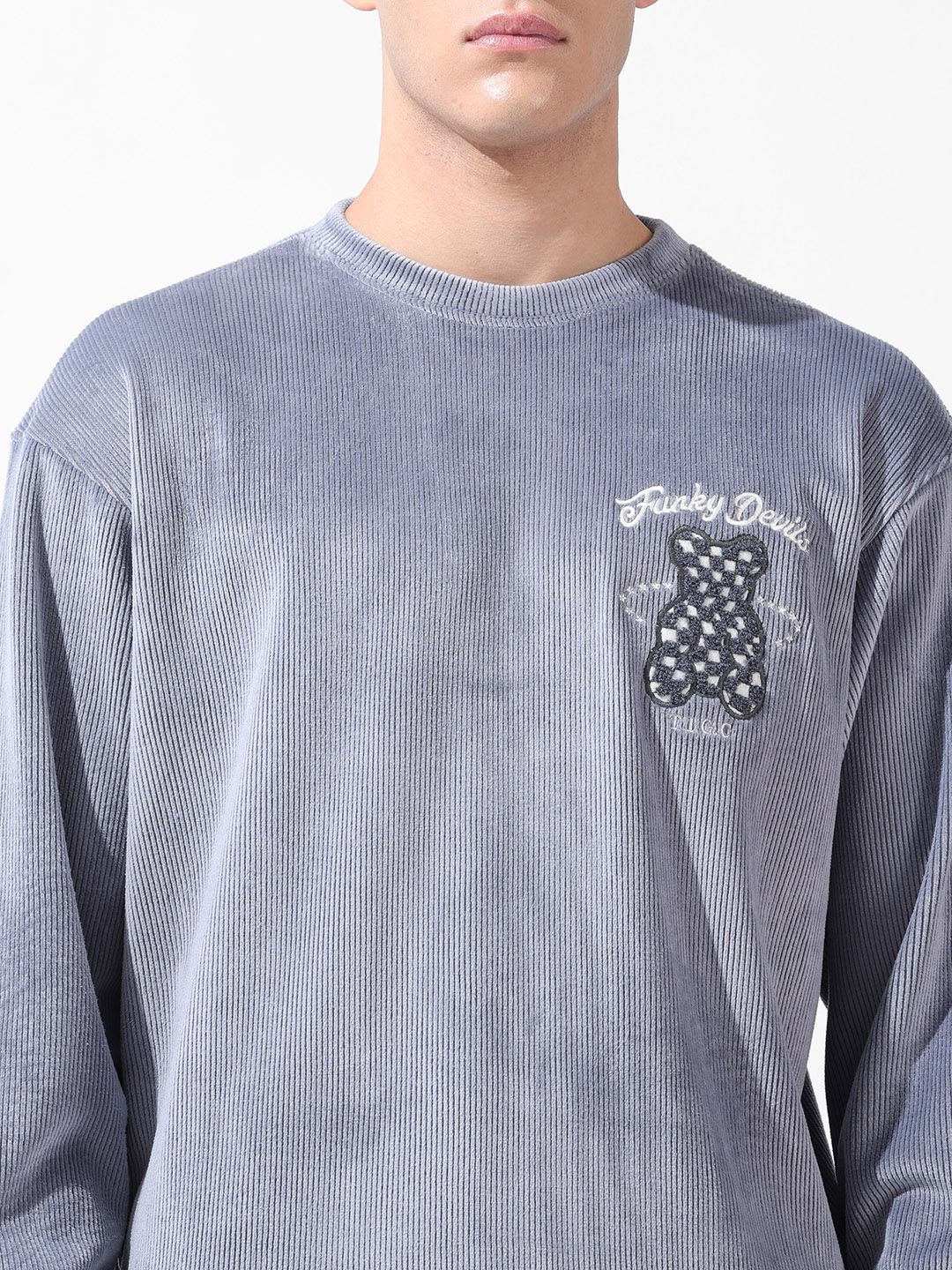 The Indian Garage Co Men Oversized Self Design Corduroy Crew Neck Sweatshirt