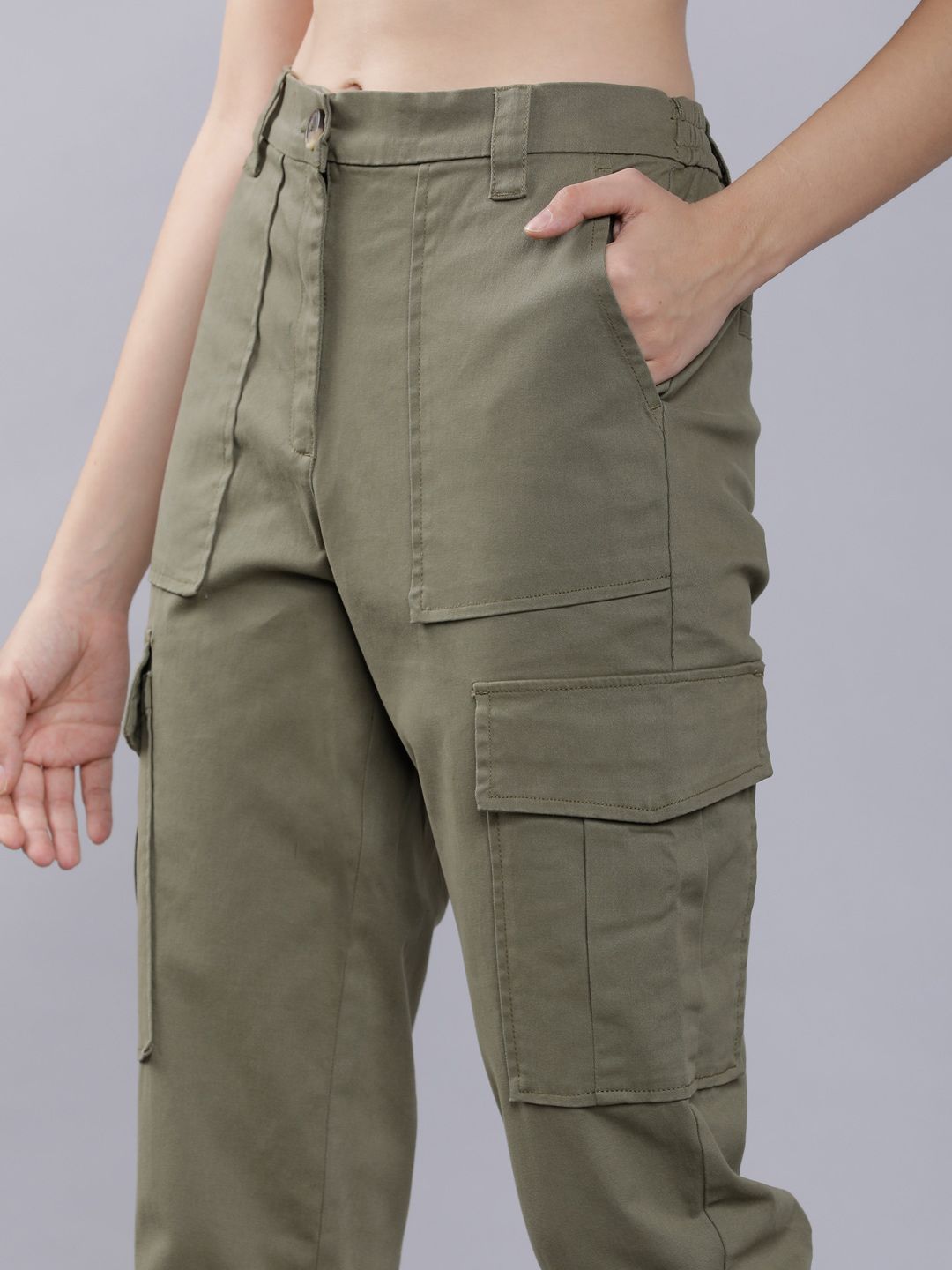 Tokyo Talkies Women Olive Green Slim Fit Solid Cargos