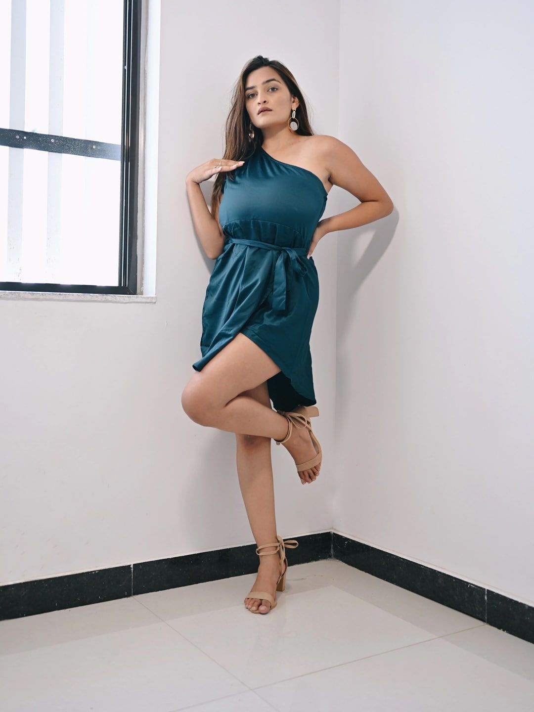 STREET 9 Green One Shoulder A-Line Dress