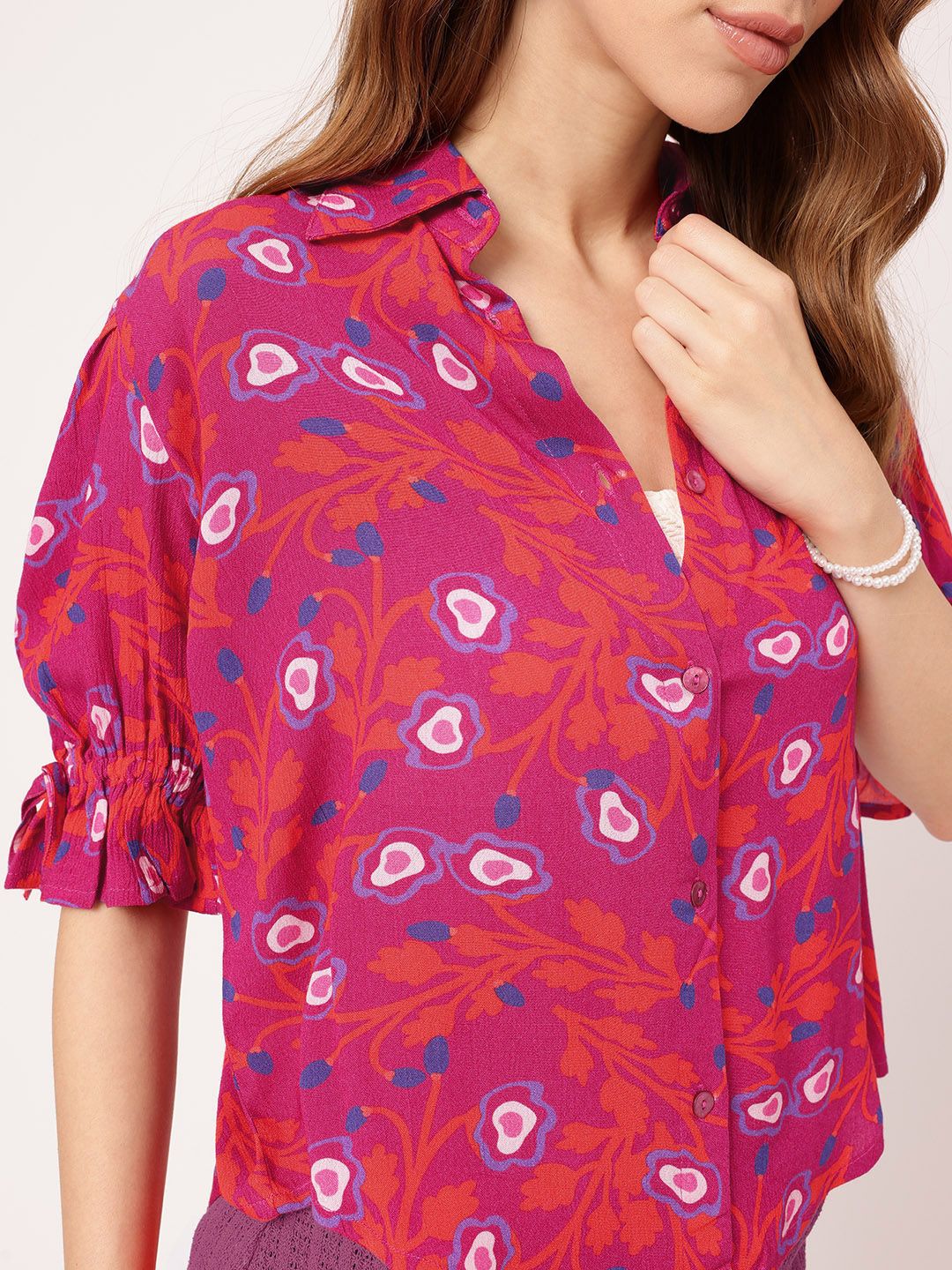 DressBerry Holiday Glam in Pink Printed Shirt Style Top