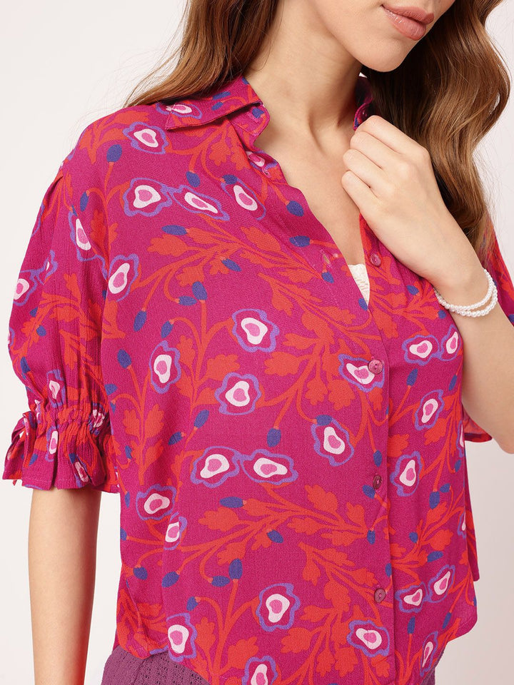 DressBerry Holiday Glam in Pink Printed Shirt Style Top