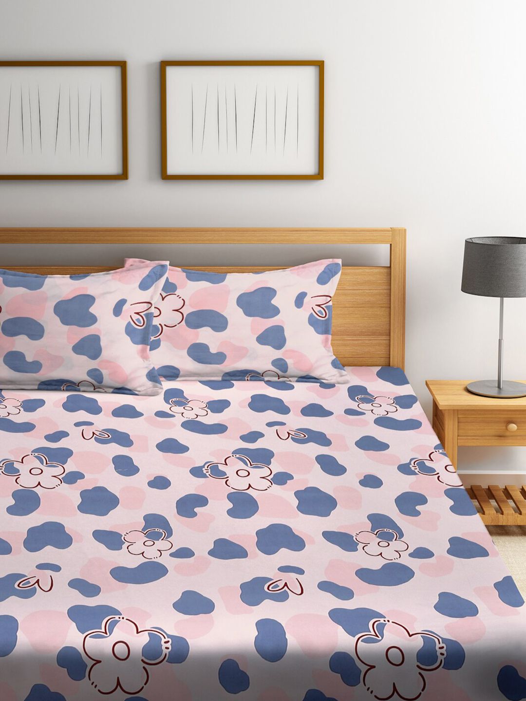 KLOTTHE Floral 300 TC Fitted Double King Bedsheet Set with 2 Pillow covers