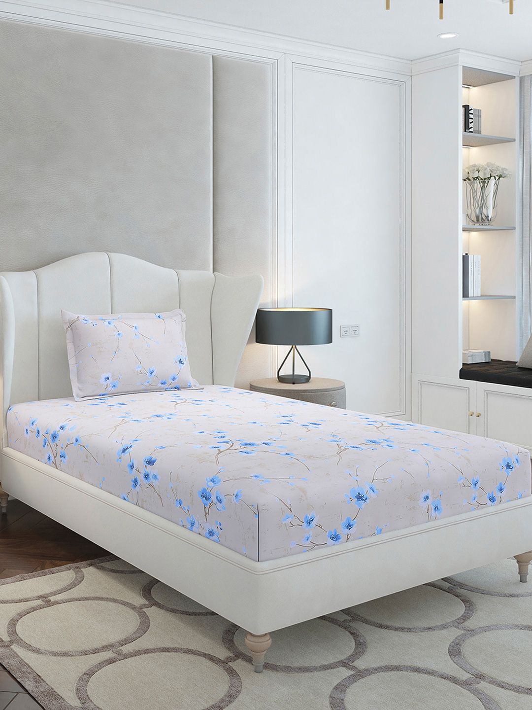 Monte Carlo Blue Floral Cotton 104 TC Single Bedsheet with 1 Pillow Covers- 2.24mx1.52m