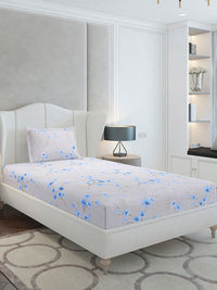 Monte Carlo Blue Floral Cotton 104 TC Single Bedsheet with 1 Pillow Covers- 2.24mx1.52m