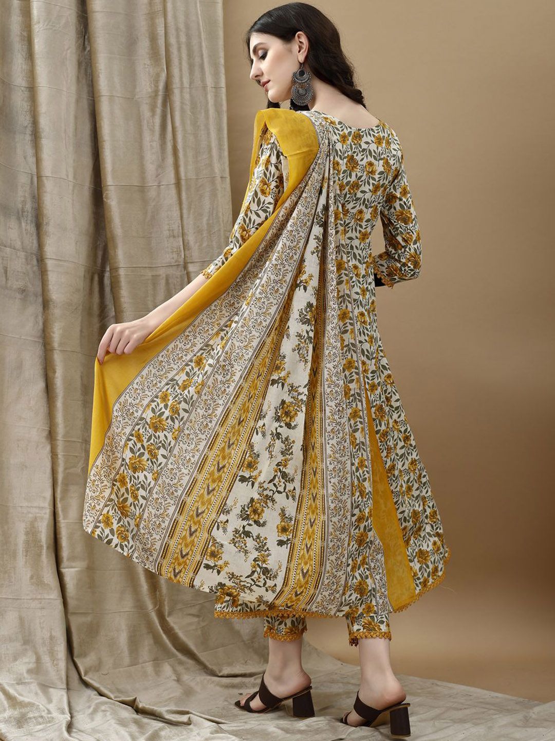 KALINI Floral Printed Pure Cotton Anarkali Kurta With Trousers & Dupatta