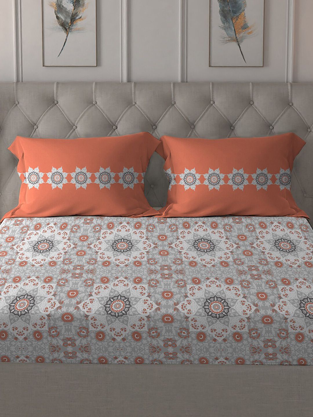 MYTRIDENT Grey  White Floral Pure Cotton 144 TC Queen Bedsheet With 2 Pillow Covers