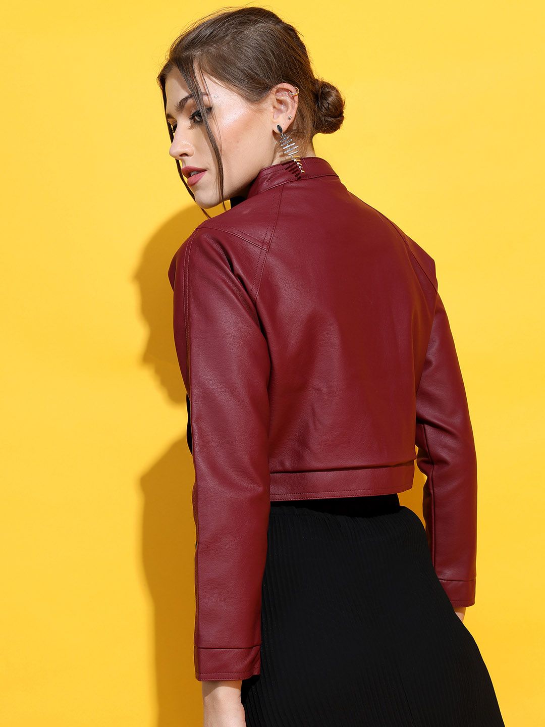 Tokyo Talkies Women Burgundy Crop Biker Jacket
