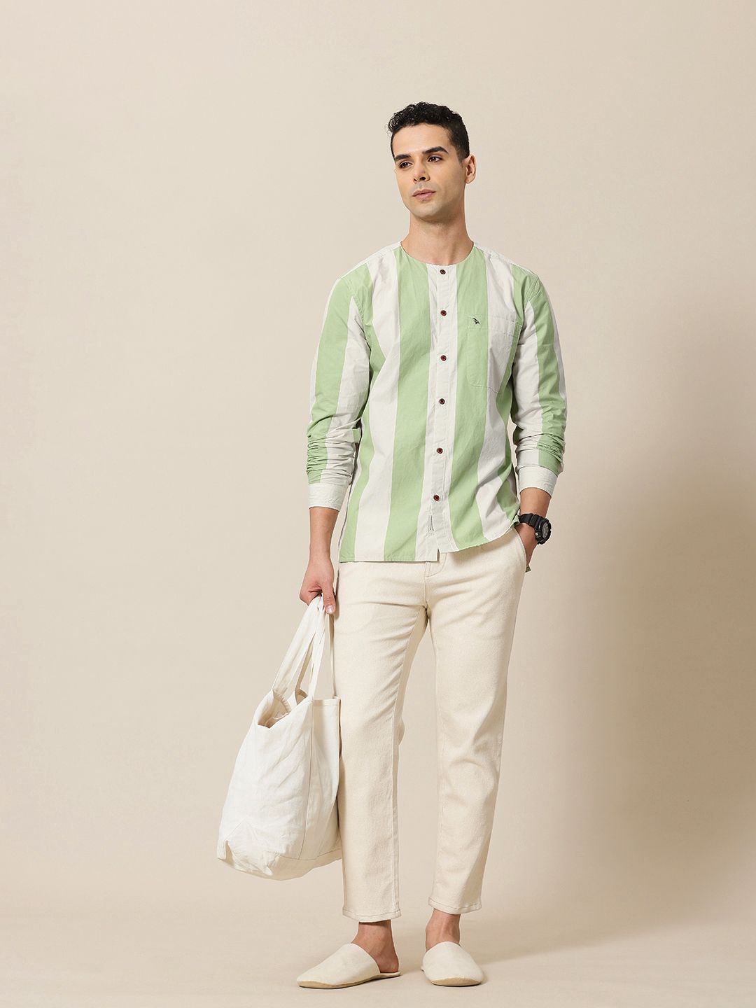 Mr Bowerbird Pure Cotton Collarless Striped Liberal Fit Casual Shirt