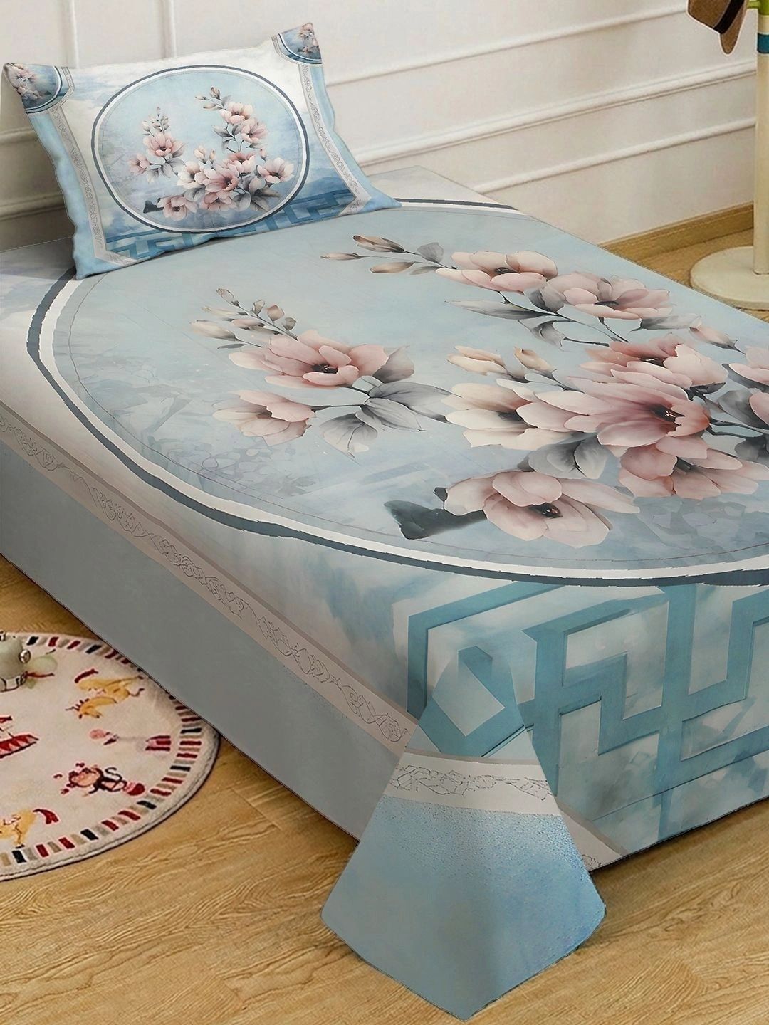 Moda Rapido X KLOTTHE Blue & Pink Floral 400 TC Single Bedsheet with 1 Pillow Covers