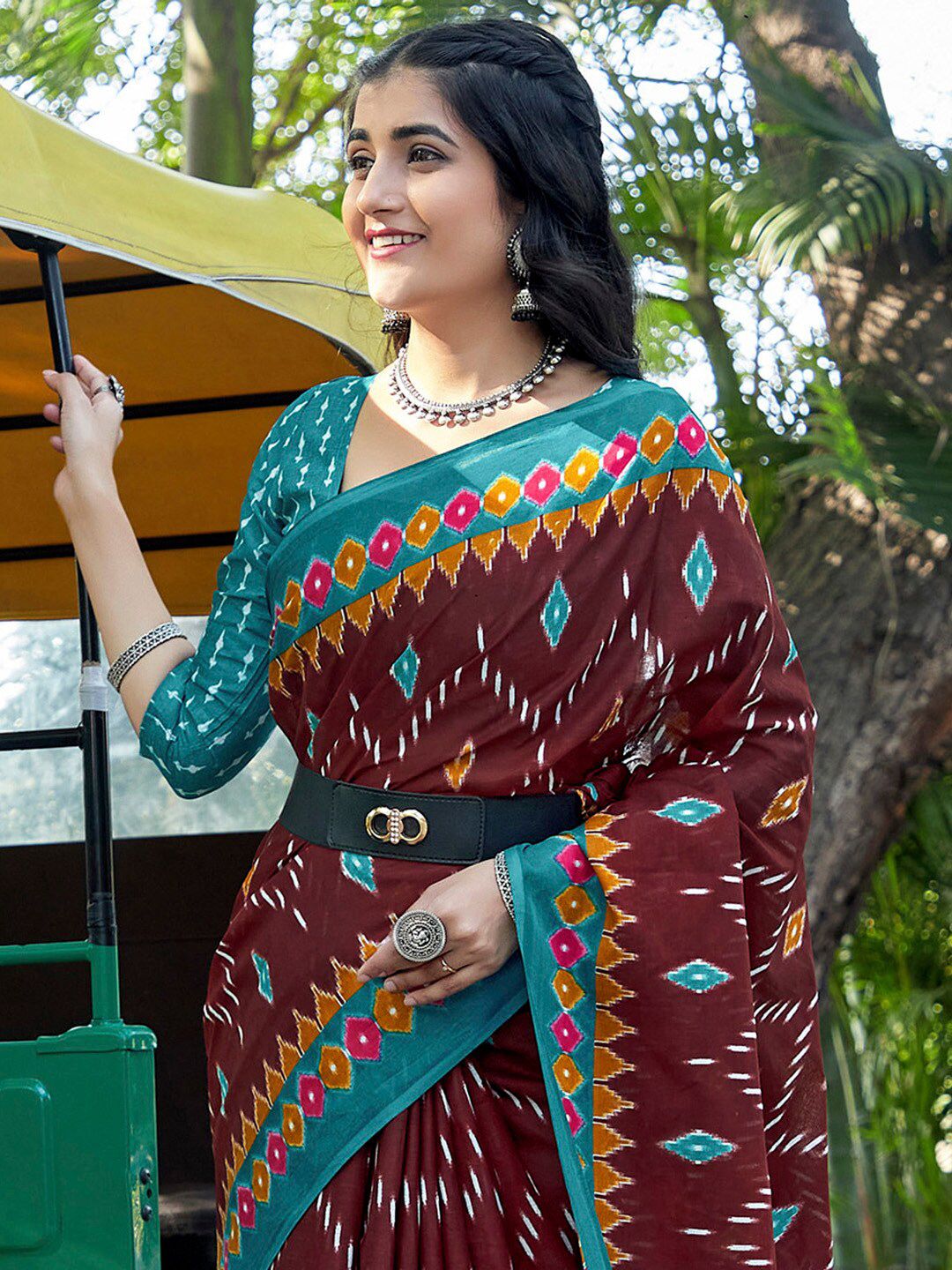 Saree mall Brown Ethnic Motifs Poly Cotton Ikat Sarees