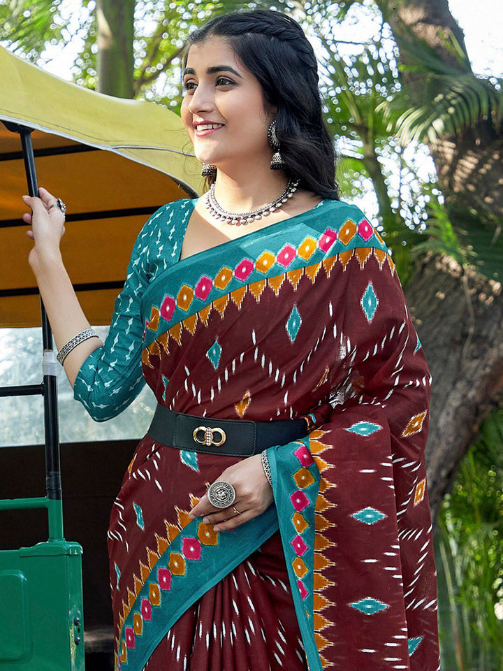 Saree mall Brown Ethnic Motifs Poly Cotton Ikat Sarees