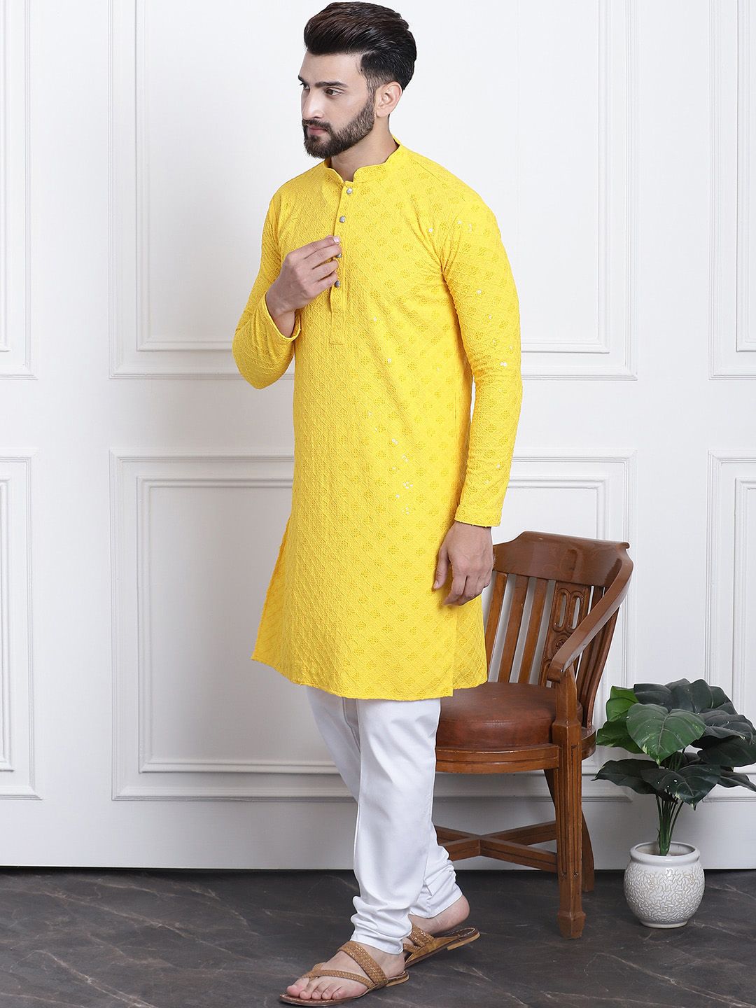 SOJANYA Ethnic Motif Embroidered Sequinned Pure Cotton Kurta with Churidar