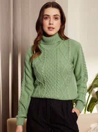 Berrylush Green Cable Knit Self Design Turtle Neck Acrylic Pullover Sweater