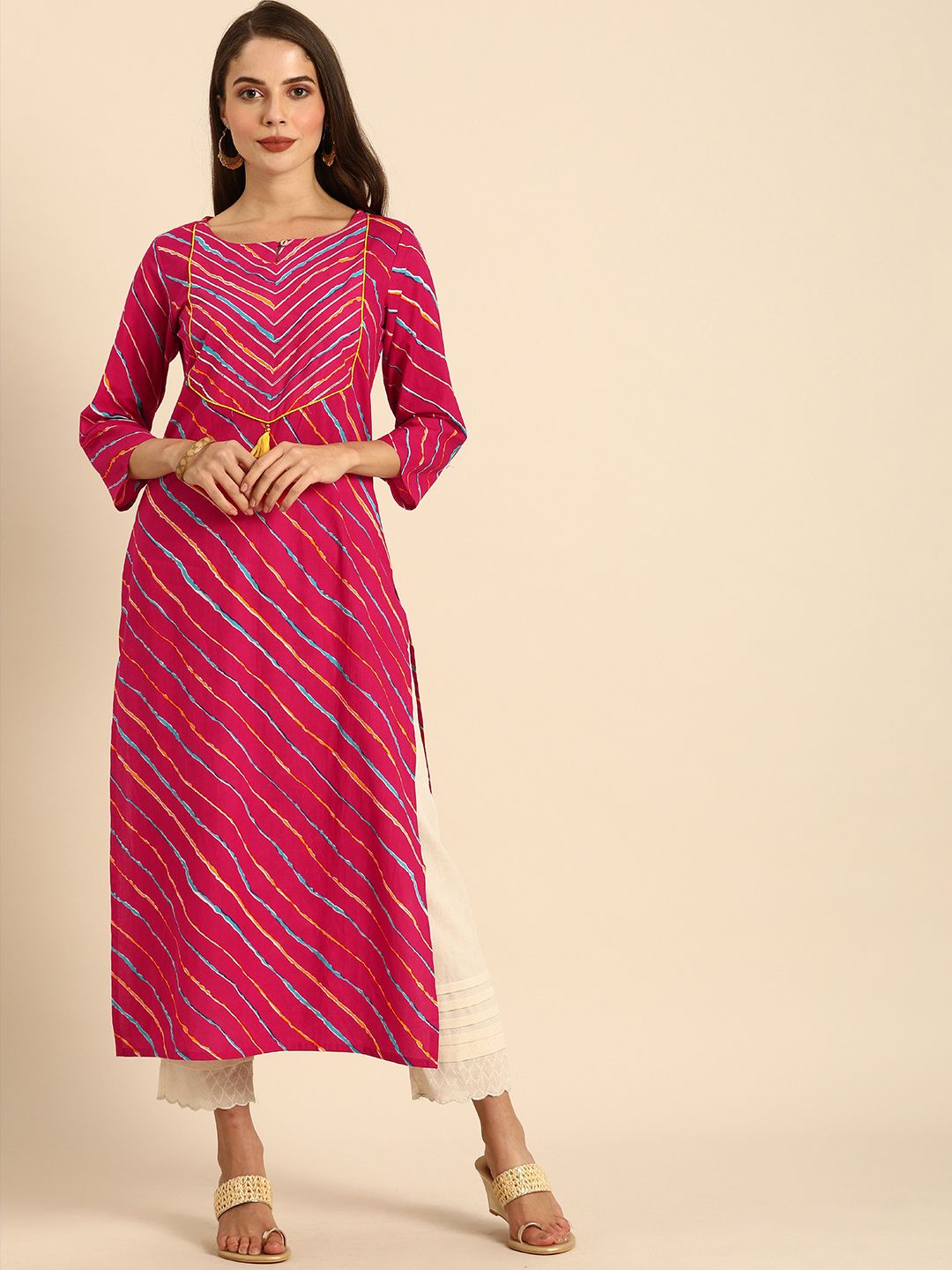 Varanga Women Fuchsia Pink & Yellow Leheriya Printed Kurta