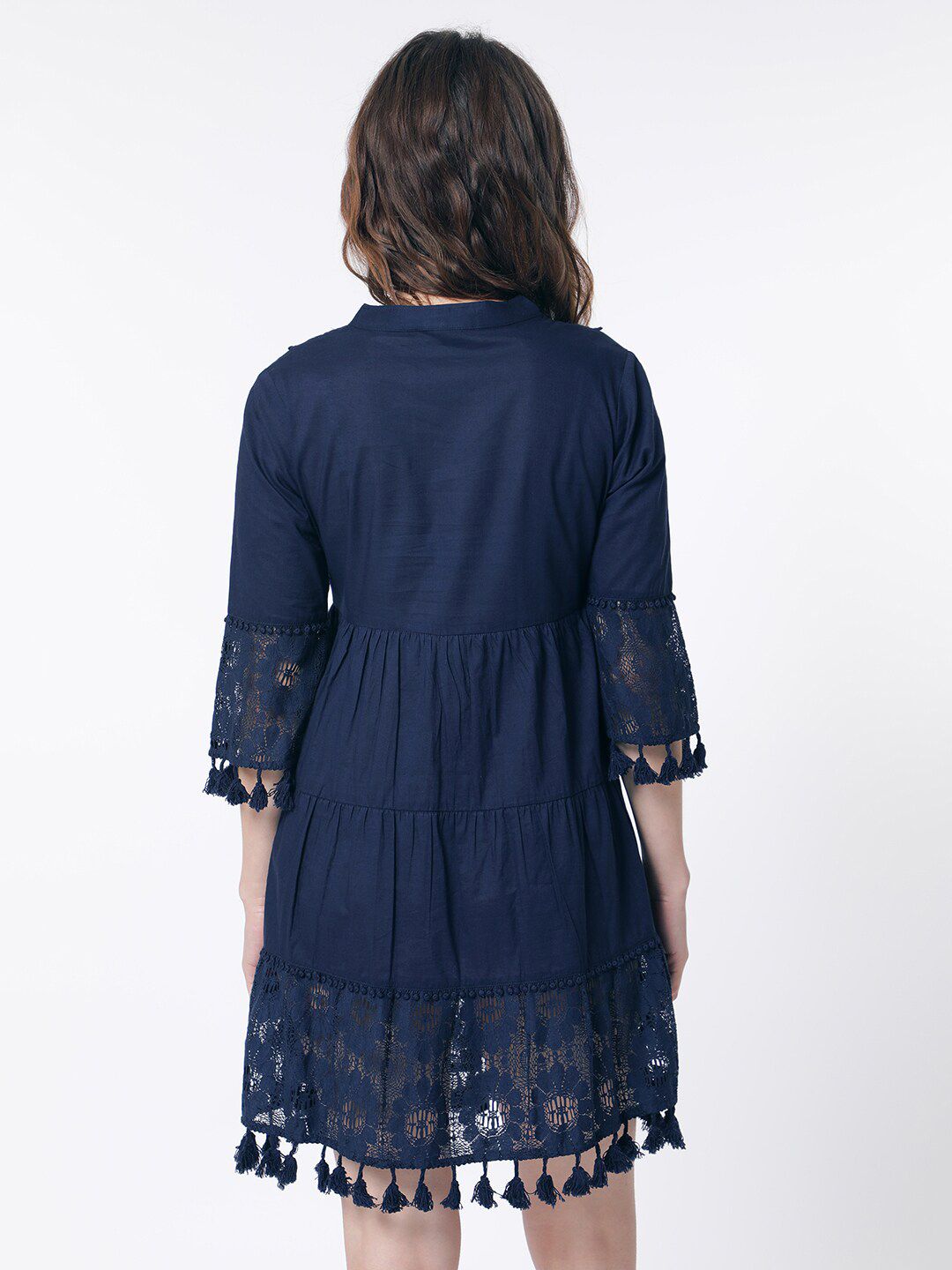 RAREISM Band Collar Bell Sleeve Tie-Up Detail Cotton Fit & Flare Dress