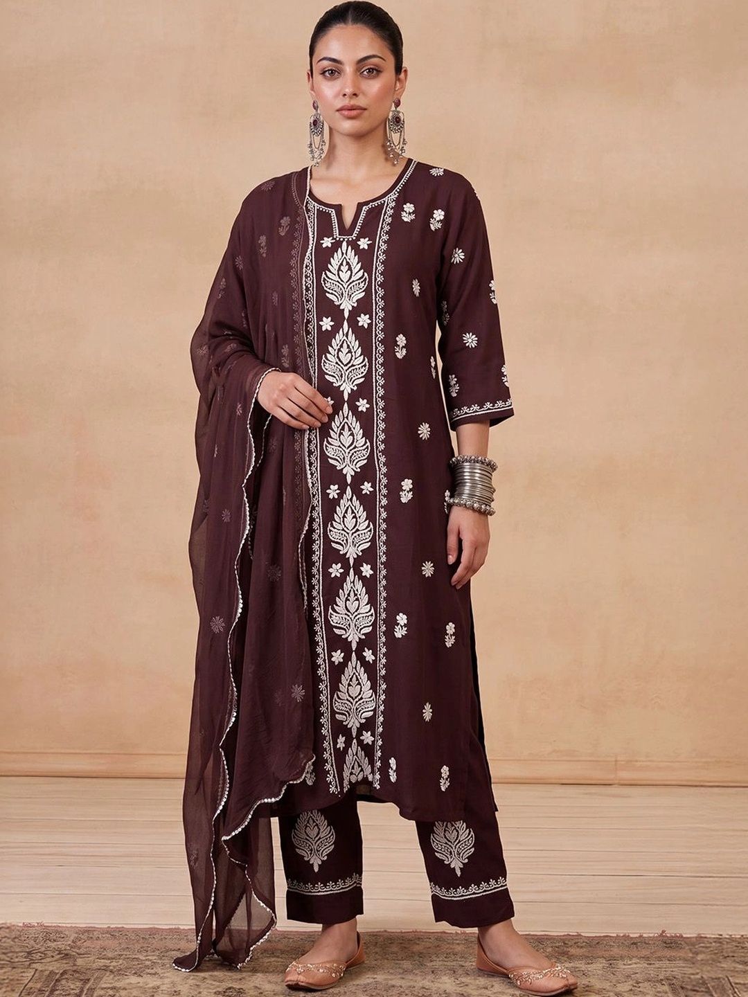 House of Chikankari Women Ethnic Embroidered Thread Work Kurta with Trousers & Dupatta