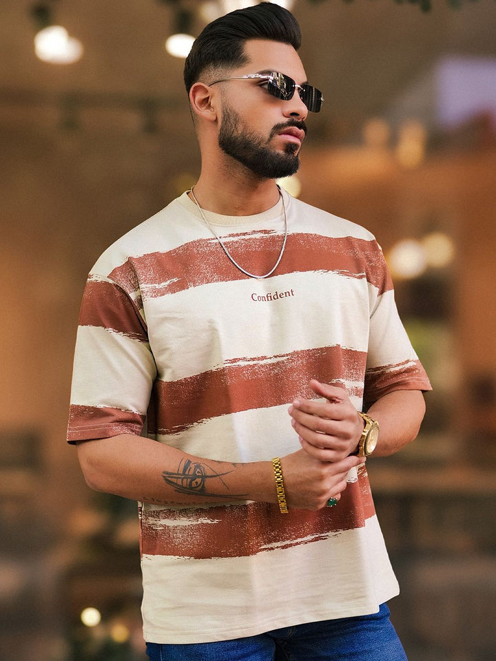 Maniac Men Striped Round Neck Cotton Oversized T-shirt