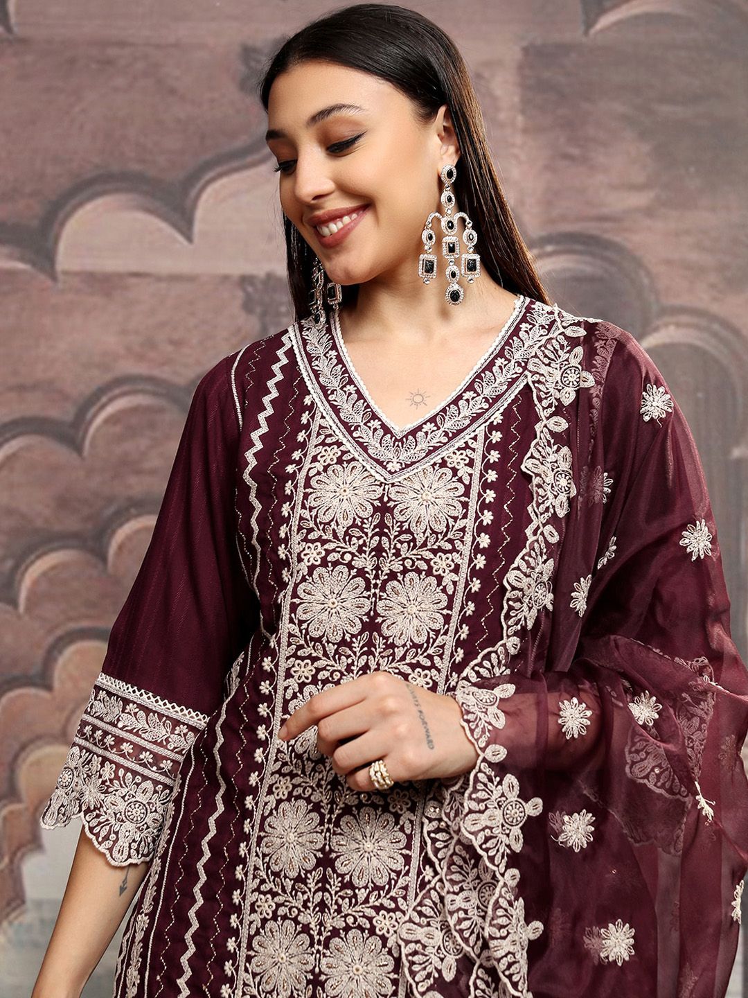 Vishudh Maroon Embroidered Thread Work Straight Kurta With Trousers & Dupatta