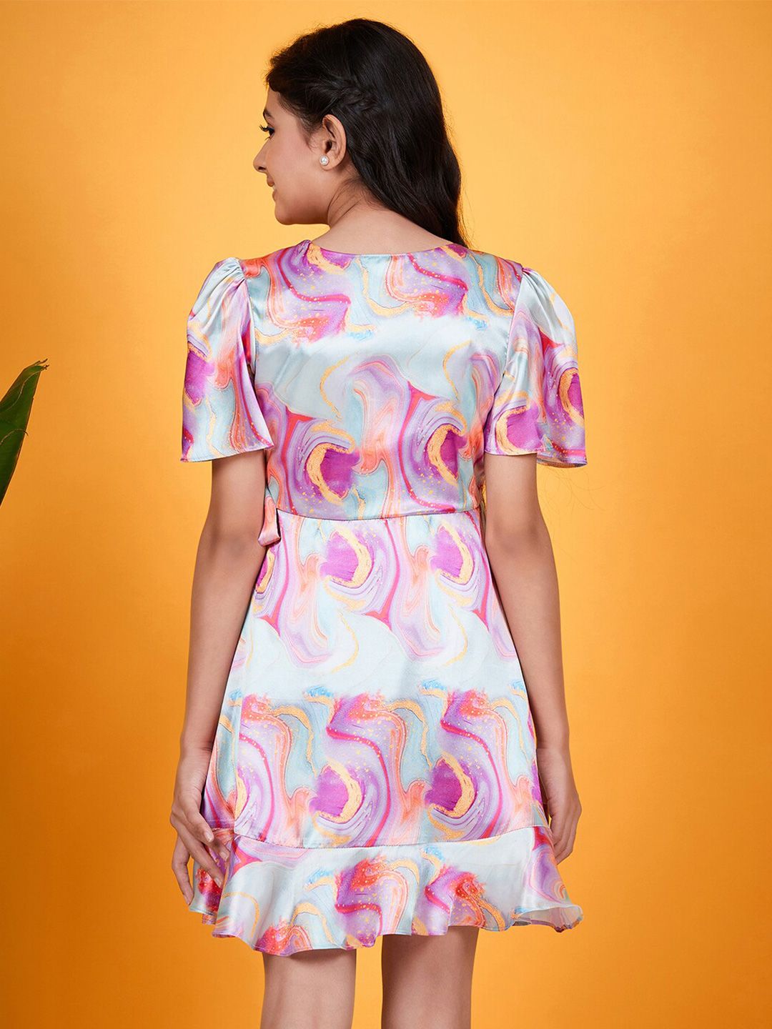 pspeaches Girls Abstract Printed V-Neck Flared Sleeves Tie-Up Satin Fit & Flare Dress